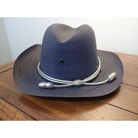 Lawman Hat Genuine Milan 7 1/4 Silver Tassel Campaign Sheriff Blue Navy Straw - Picture 1 of 10